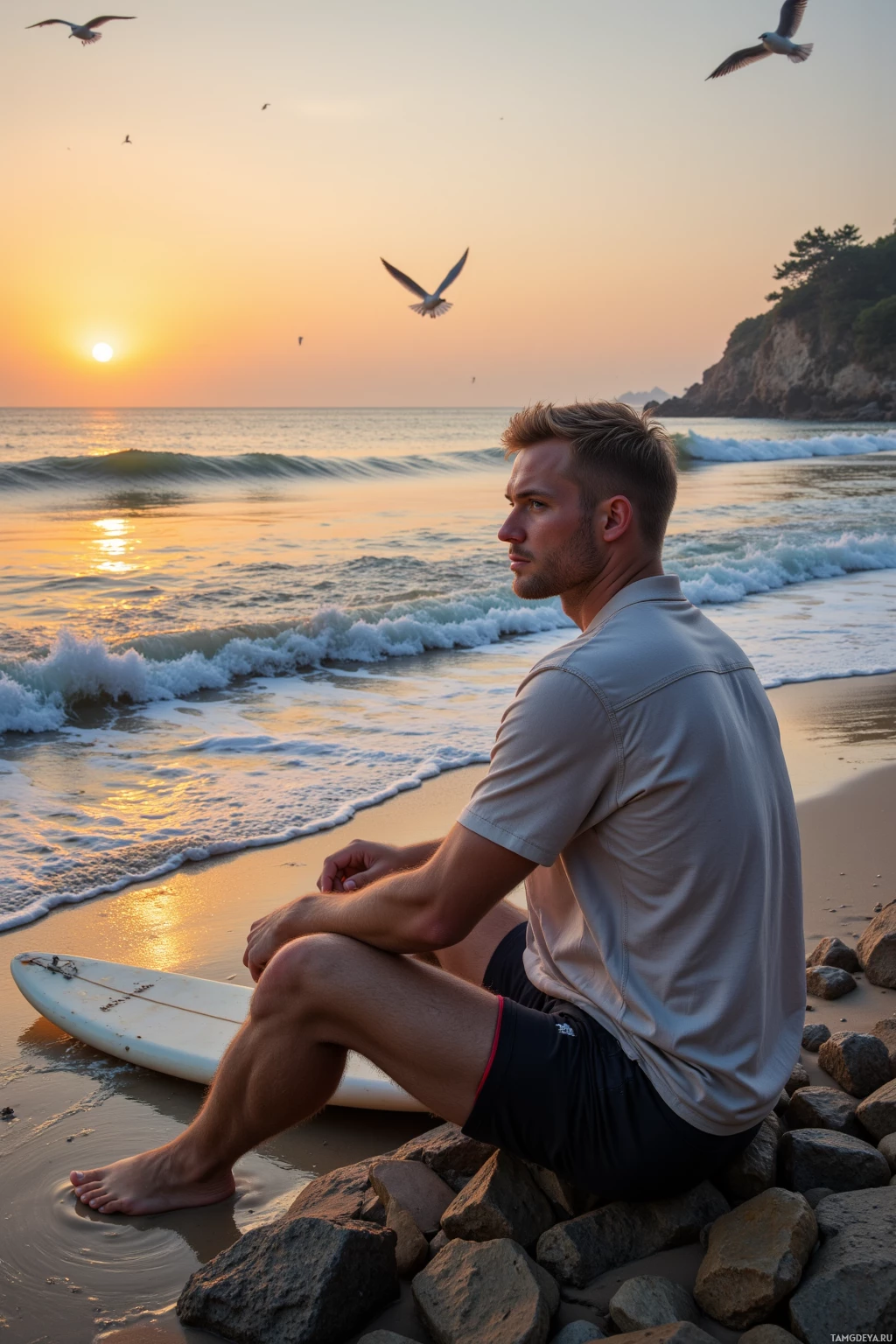 A man sits on a rocky beach at sunset, gazing out at the ocean with a surfboard nearby.