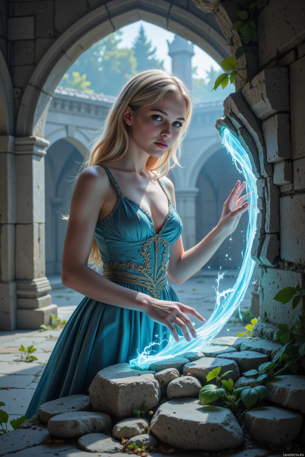 A woman in a teal dress stands near a stone archway, reaching out towards a glowing blue light.