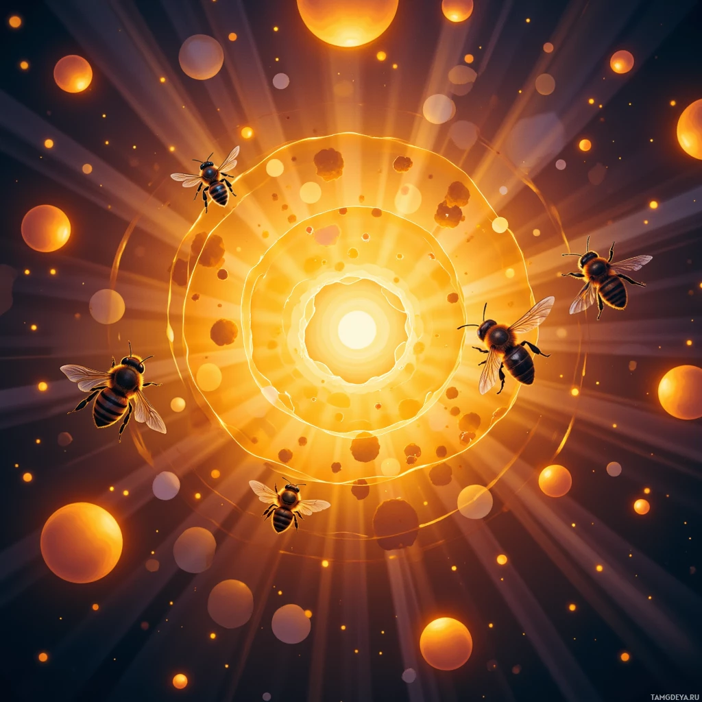 A radiant, glowing depiction of bees flying around a central, sun-like orb with radiating light beams and floating golden spheres.