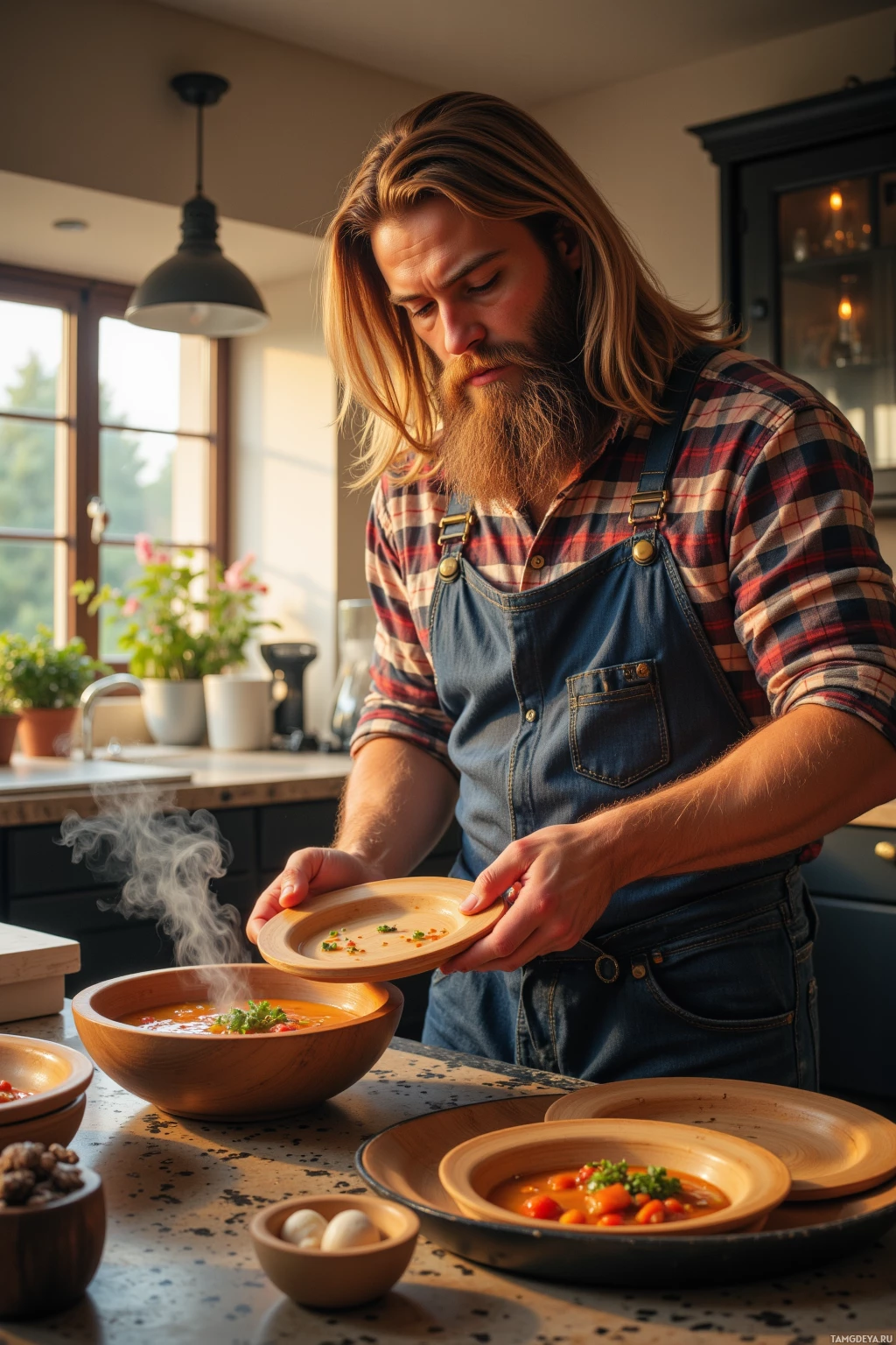 A man in a plaid shirt and overalls is serving a steaming bowl of soup into a plate.