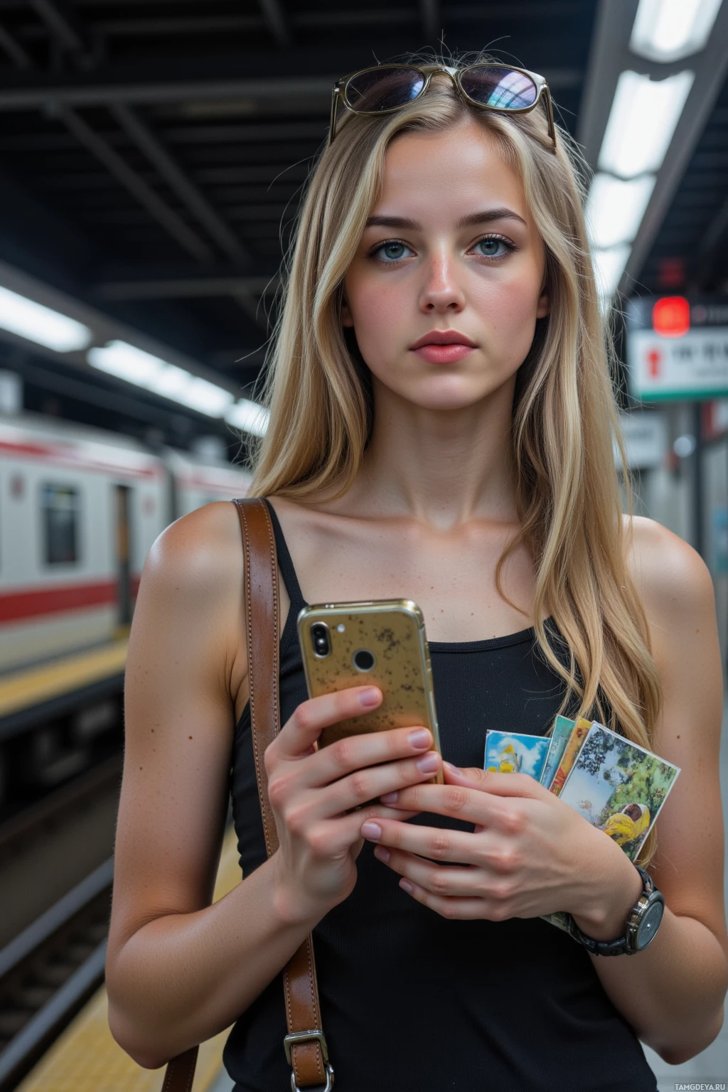 A woman stands at a train station, holding a phone and some cards, with a train in the background.