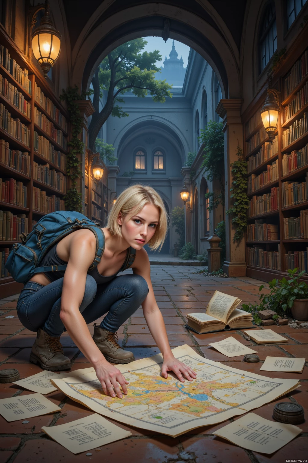 A person crouches in a library courtyard, examining a map and scattered papers.