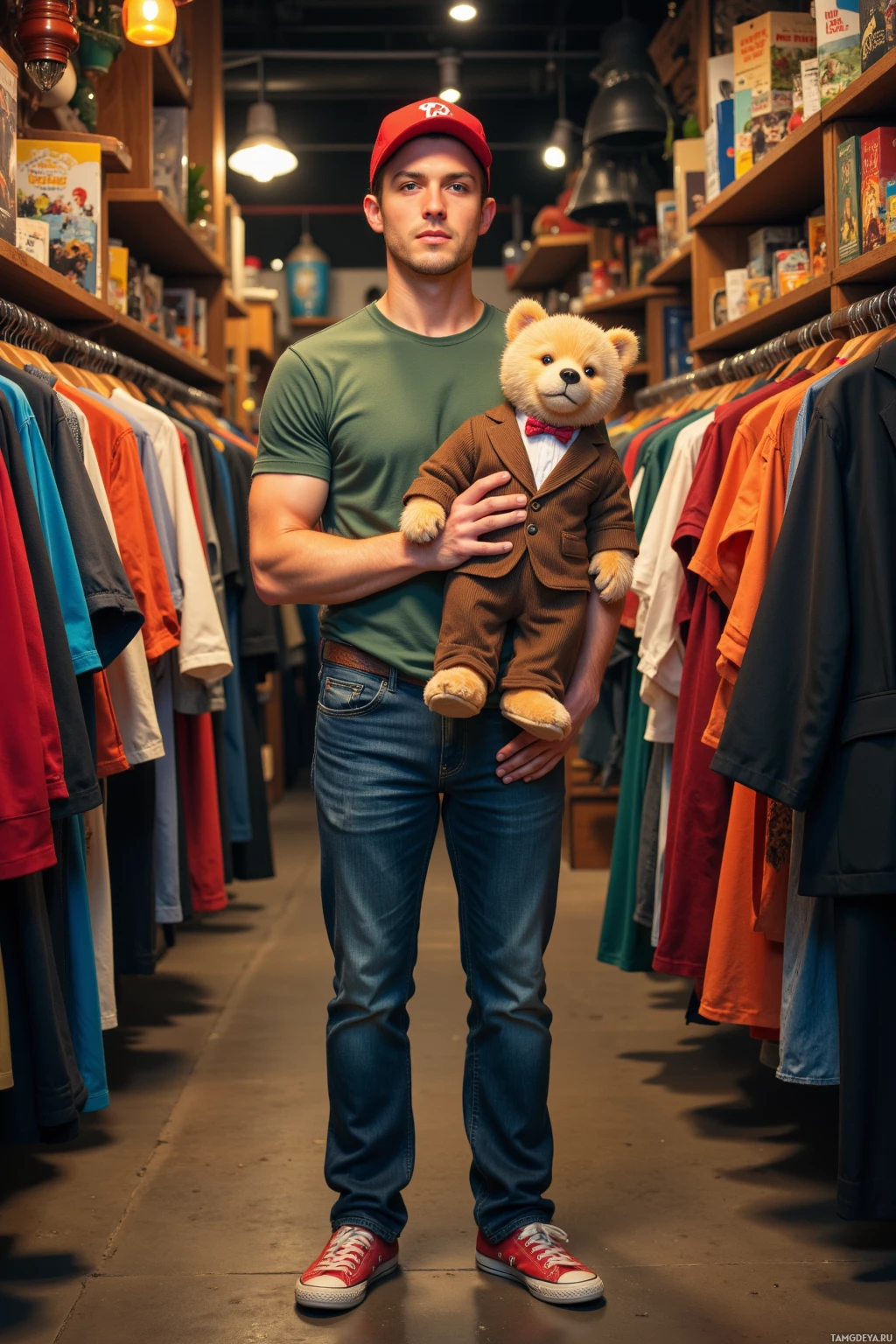 A man stands in a clothing store aisle, holding a teddy bear dressed in a suit.