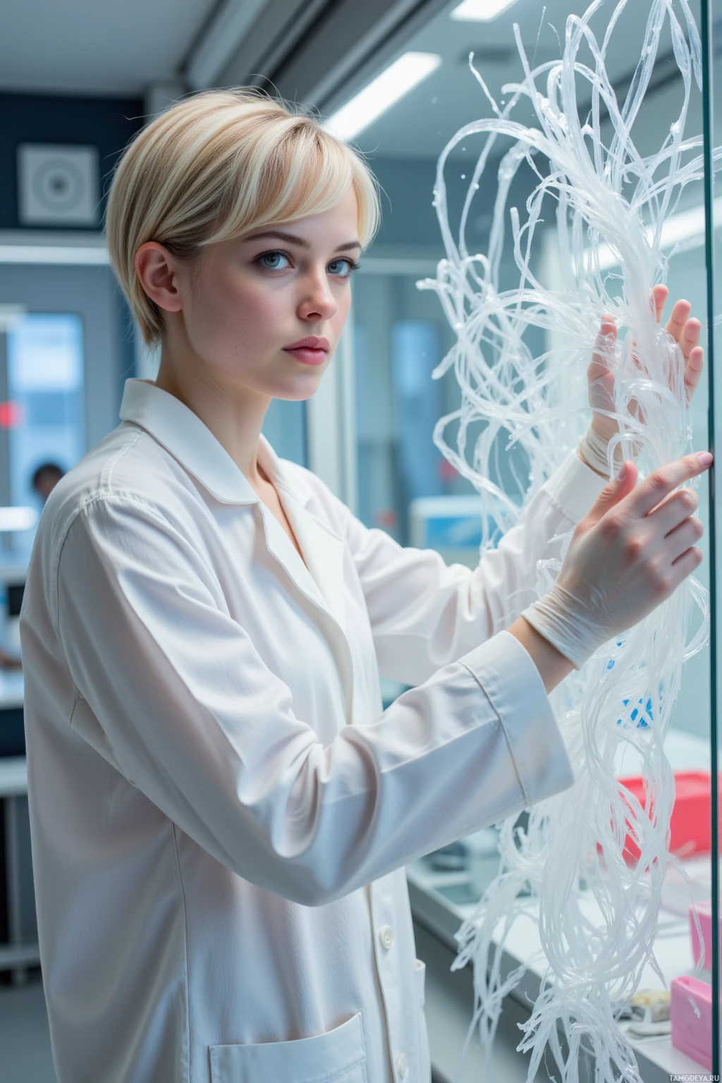 A person in a lab coat holds a bundle of white fibers in a laboratory setting.