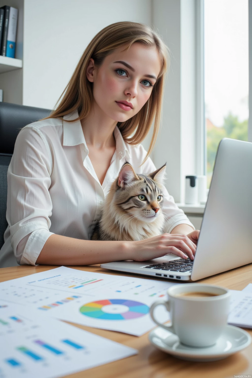 A woman works at a desk with a laptop, surrounded by documents and a cat.
