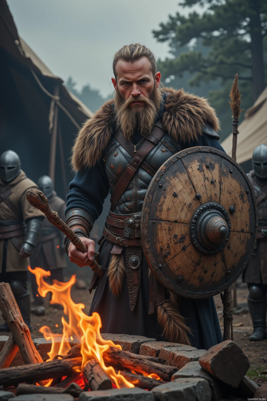 A warrior in medieval armor stands beside a campfire, holding a shield and a spear.