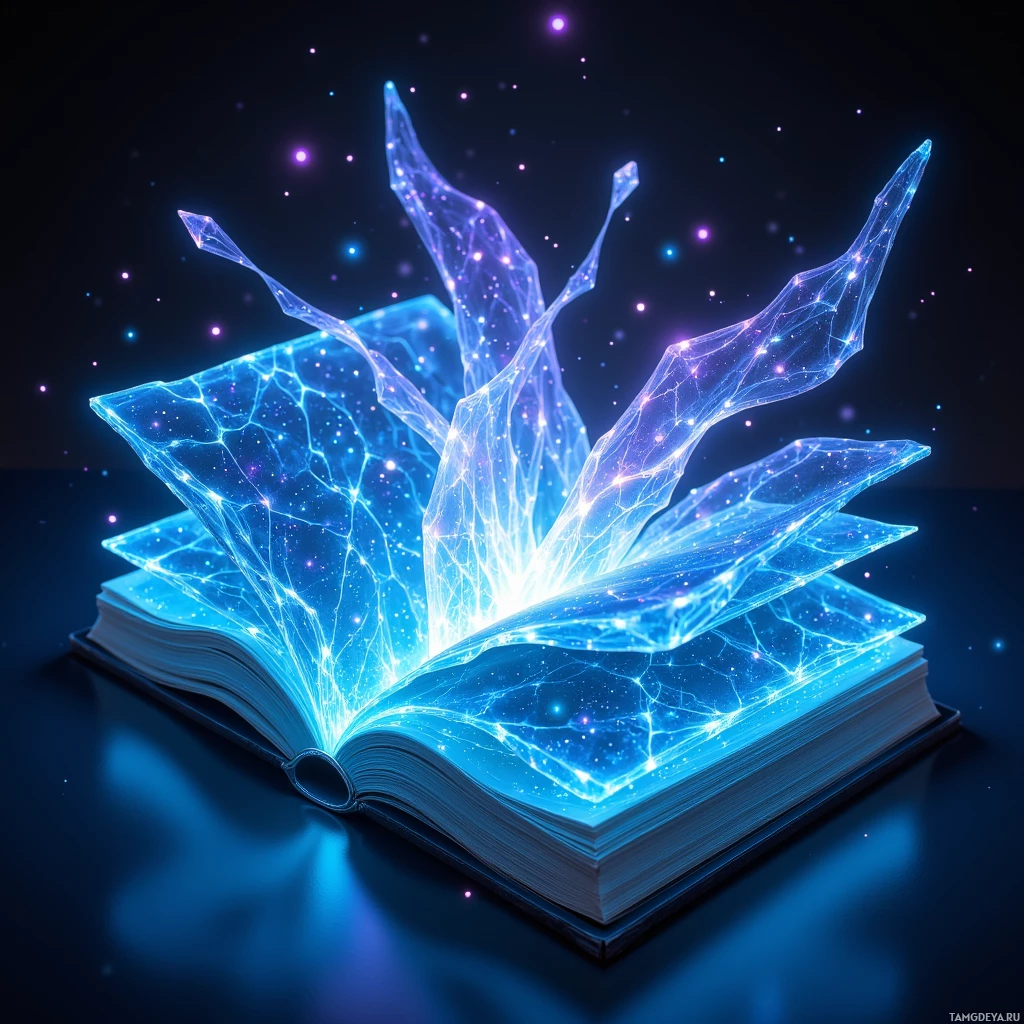 An open book radiates vibrant blue and purple light, creating a glowing, ethereal effect against a dark background.