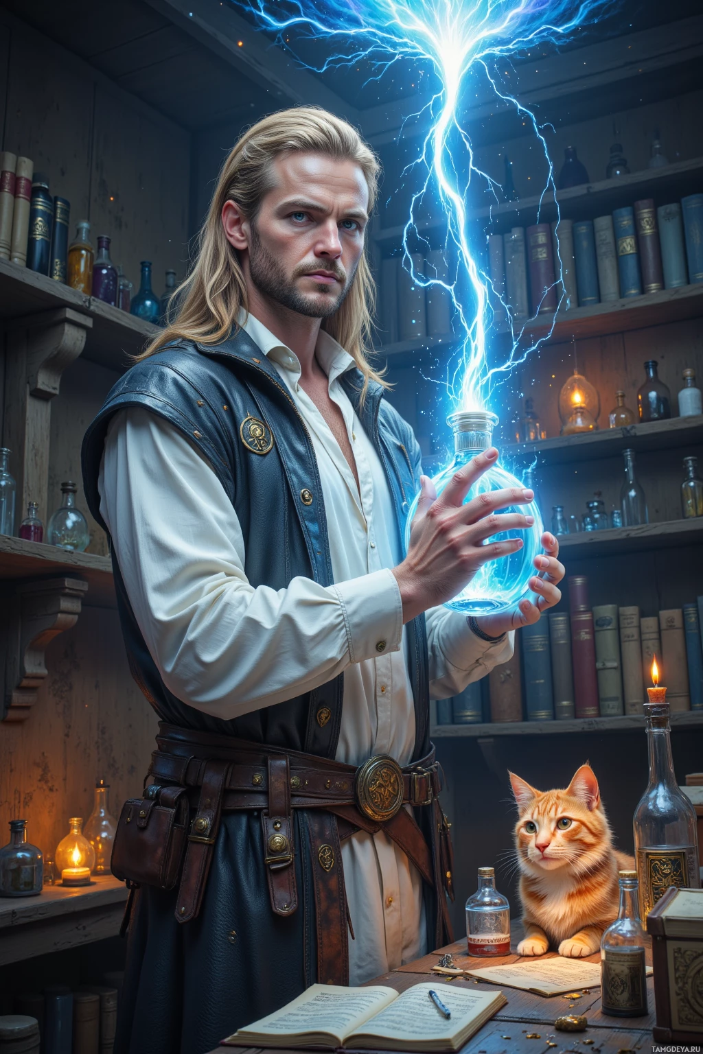 A man in a leather vest holds a glowing blue potion bottle, with a cat and a candle nearby in a room filled with books and bottles.