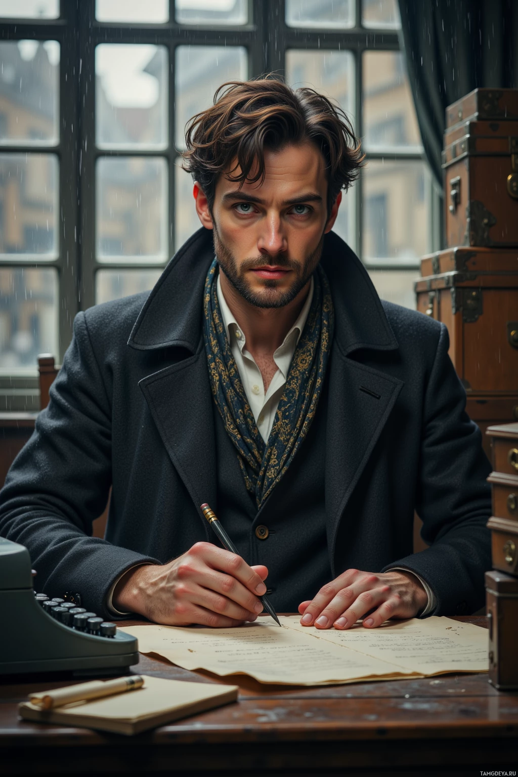 A man in a vintage-style coat and scarf sits at a desk with a typewriter, holding a pen over a document.