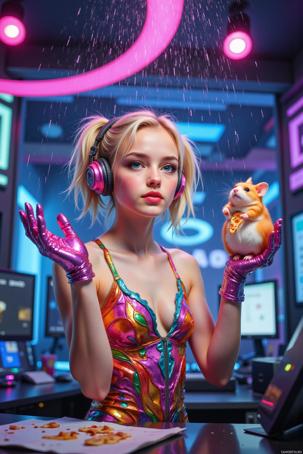 A person in a colorful outfit holds a hamster on their hand in a futuristic setting.