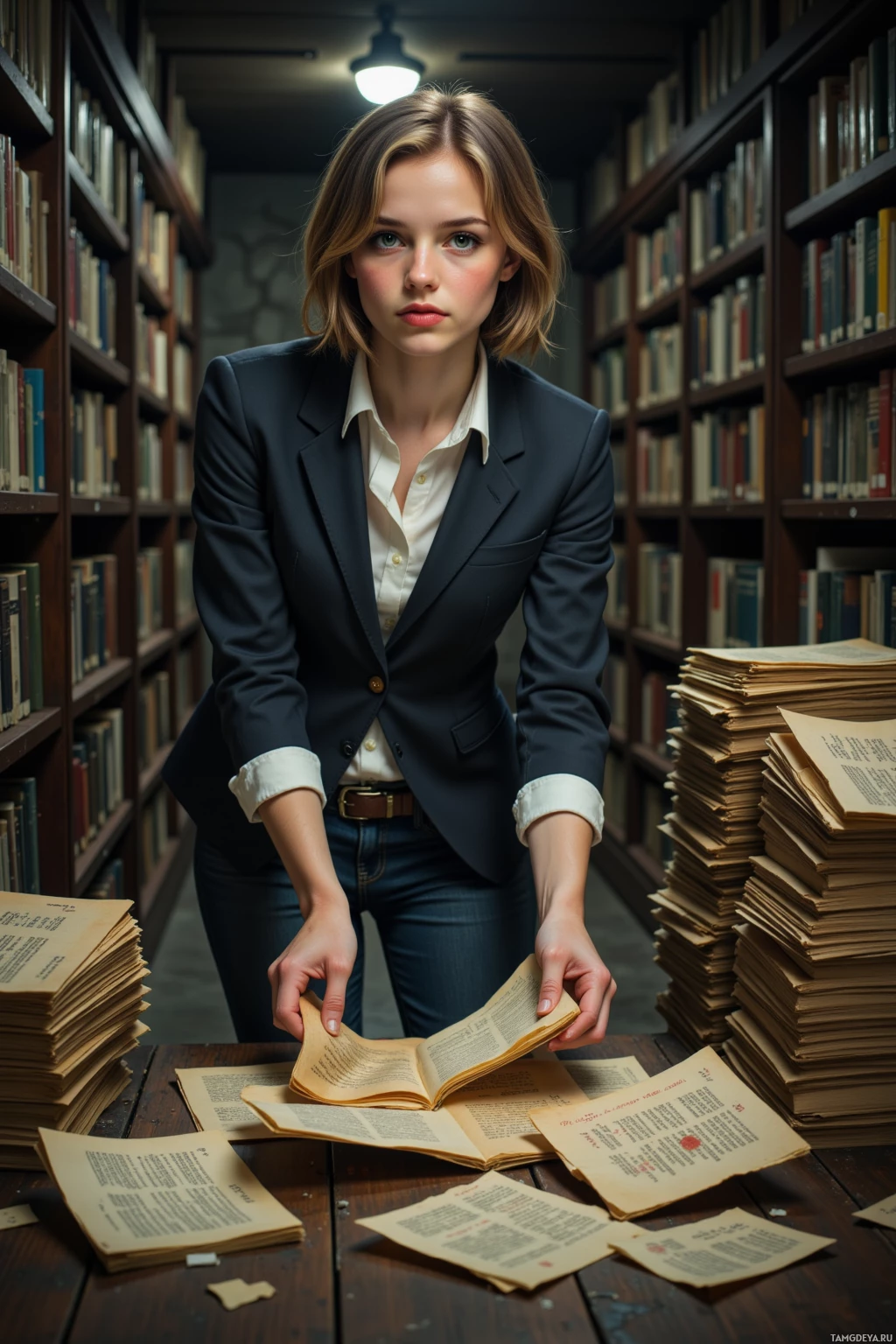 A woman in a suit stands in a library, holding an open book amidst stacks of papers.