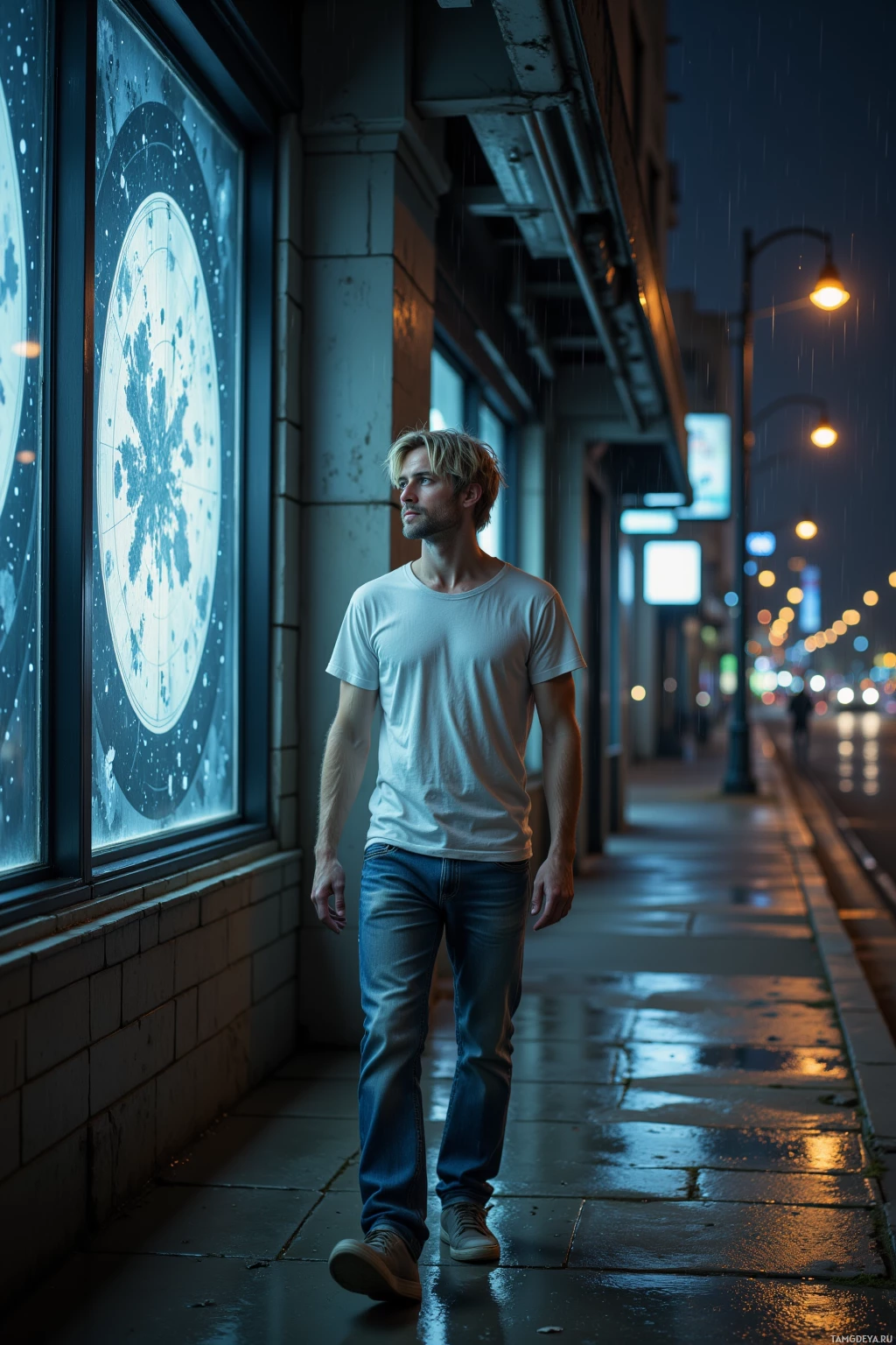 A man in a white t-shirt and jeans walks along a wet sidewalk at night.
