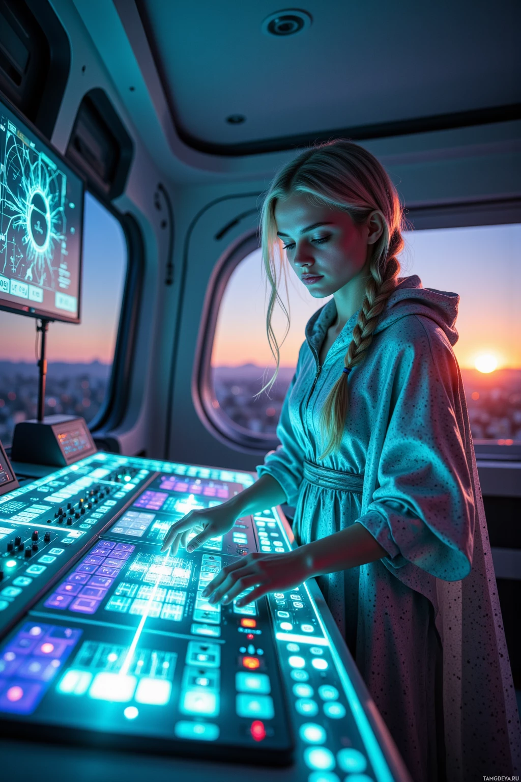 A person stands in a futuristic control room, interacting with a glowing interface.