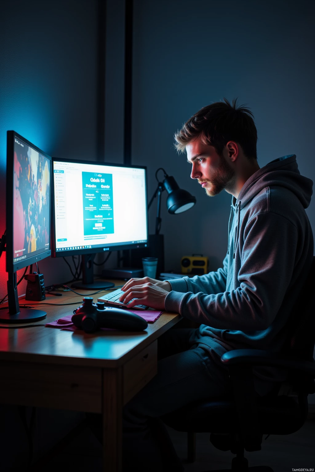A person is sitting at a desk, working on a computer with dual monitors.