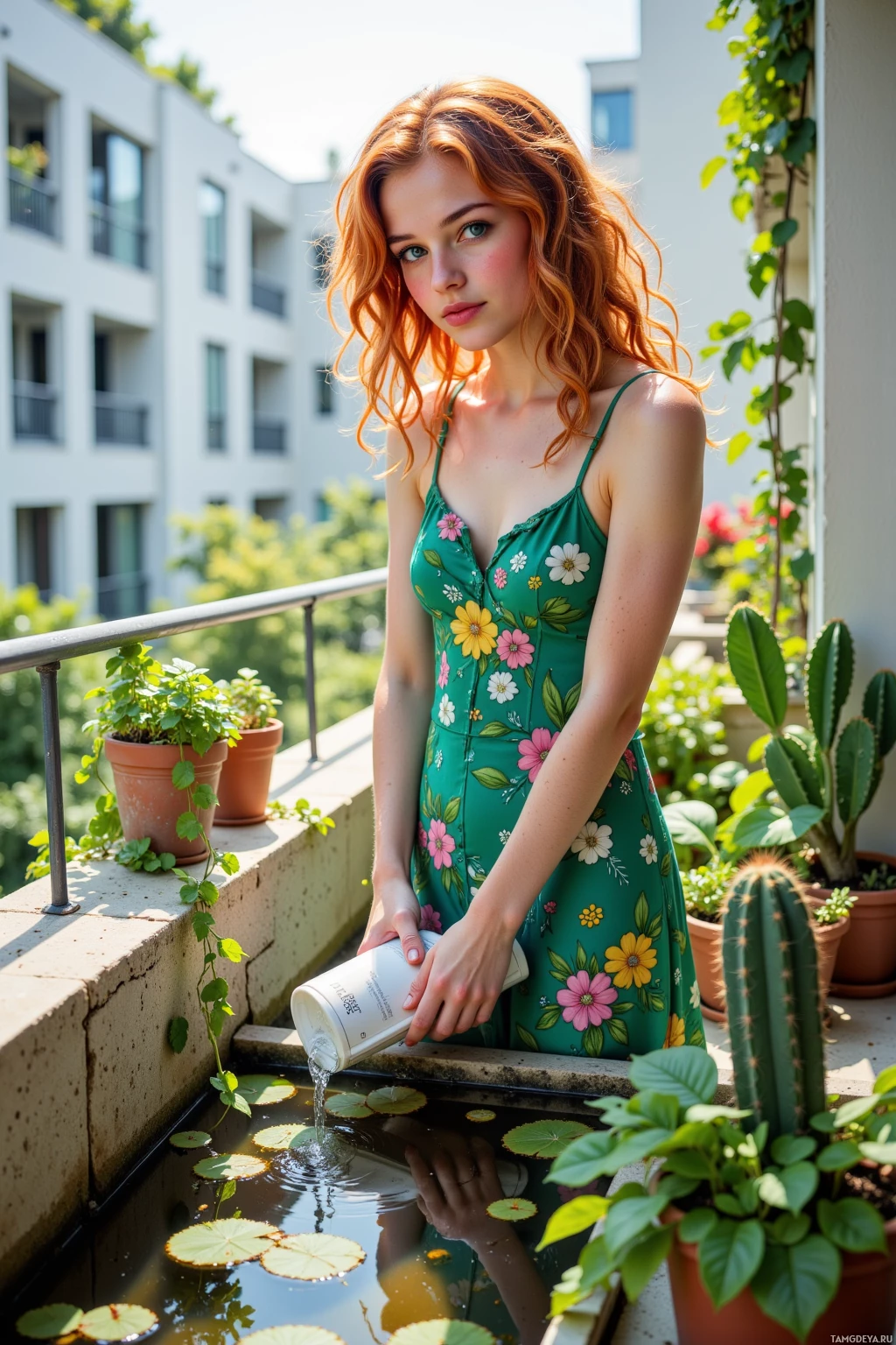 A woman in a floral dress pours water into a small pond on a balcony surrounded by plants.