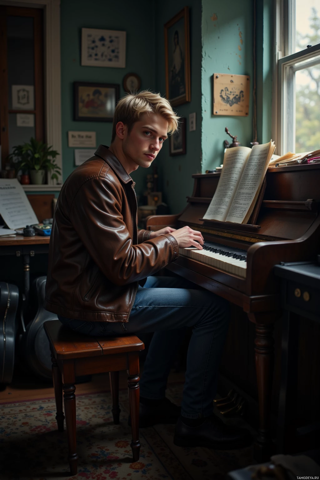 A person in a leather jacket sits at a piano in a cozy room with vintage decor.