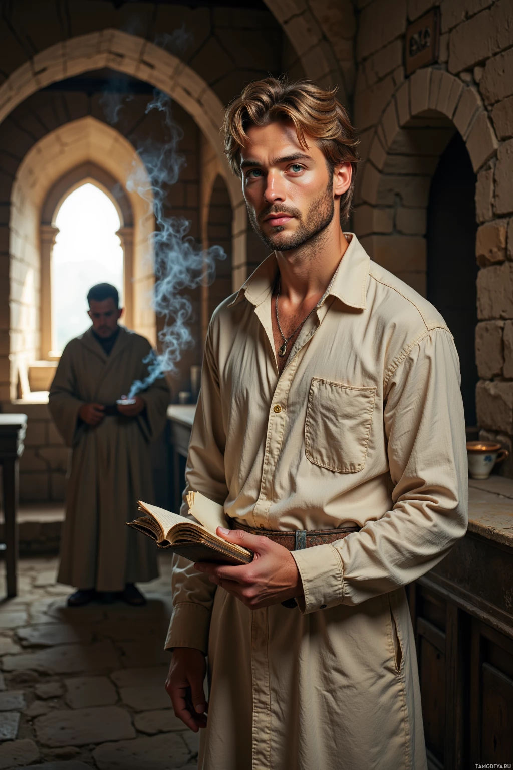 A man in a medieval-style robe holds an open book, with another figure in the background.