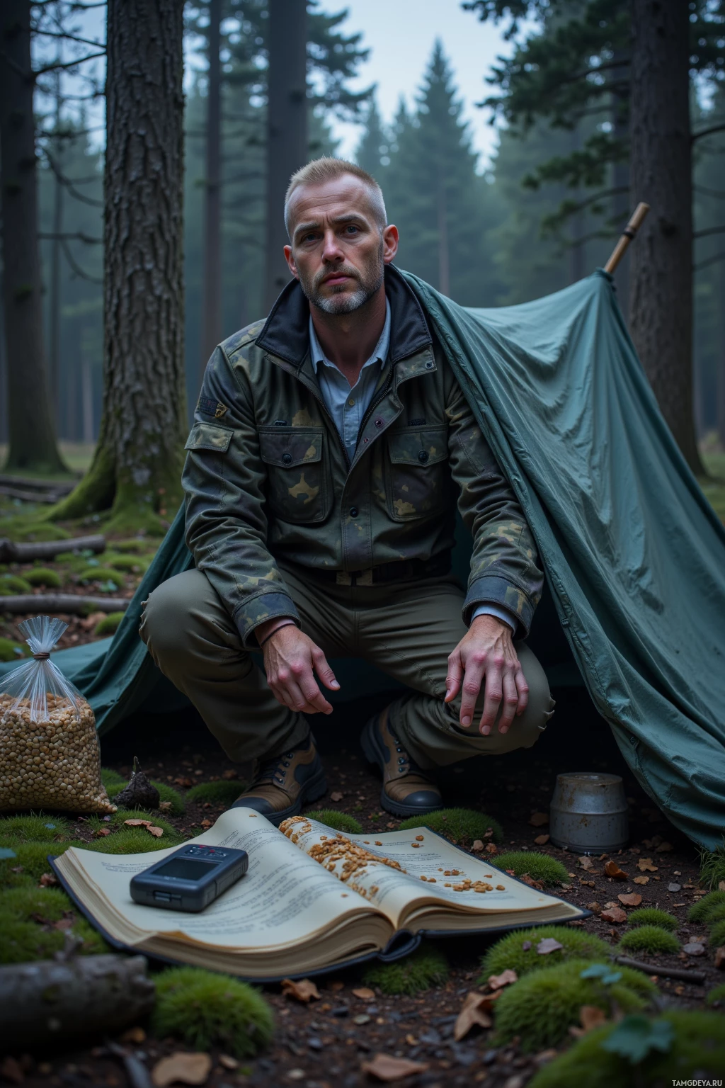 A man in outdoor gear sits in a forest, surrounded by a tent, a book, and a bag of food.