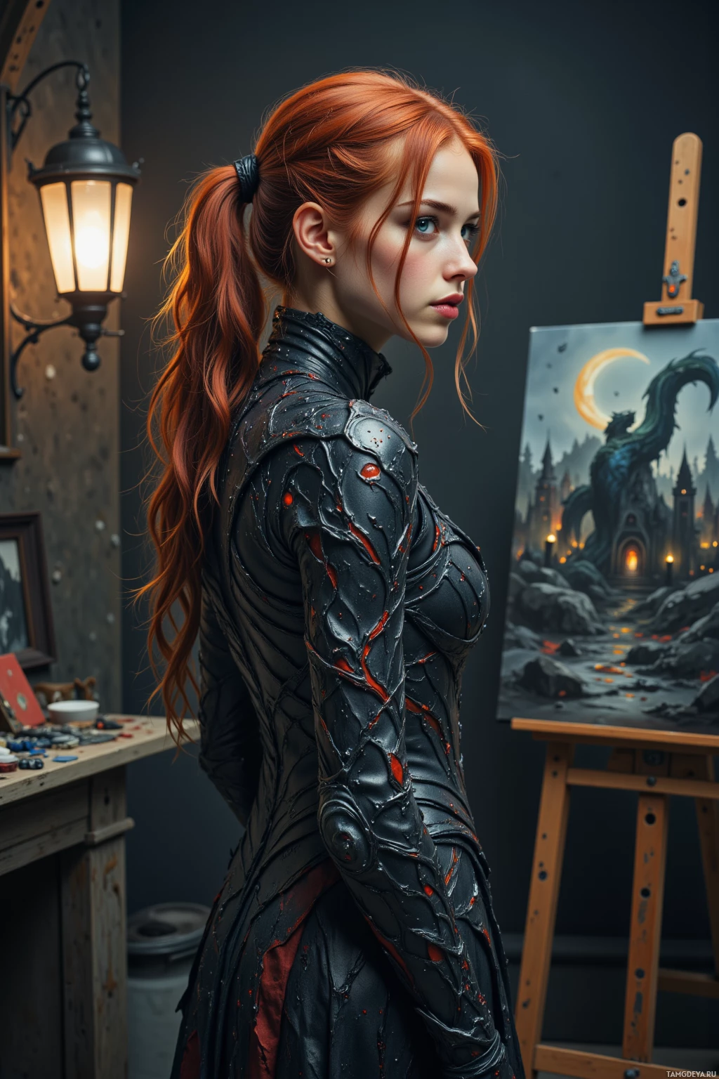 A woman with red hair in a ponytail stands in a dimly lit room, wearing a black, textured outfit with red accents.