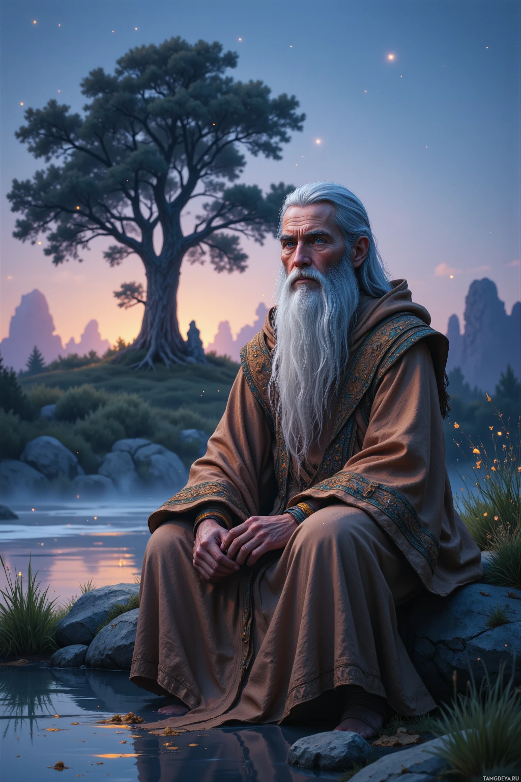 An elderly man with a long white beard sits by a serene lake, surrounded by a tranquil landscape.
