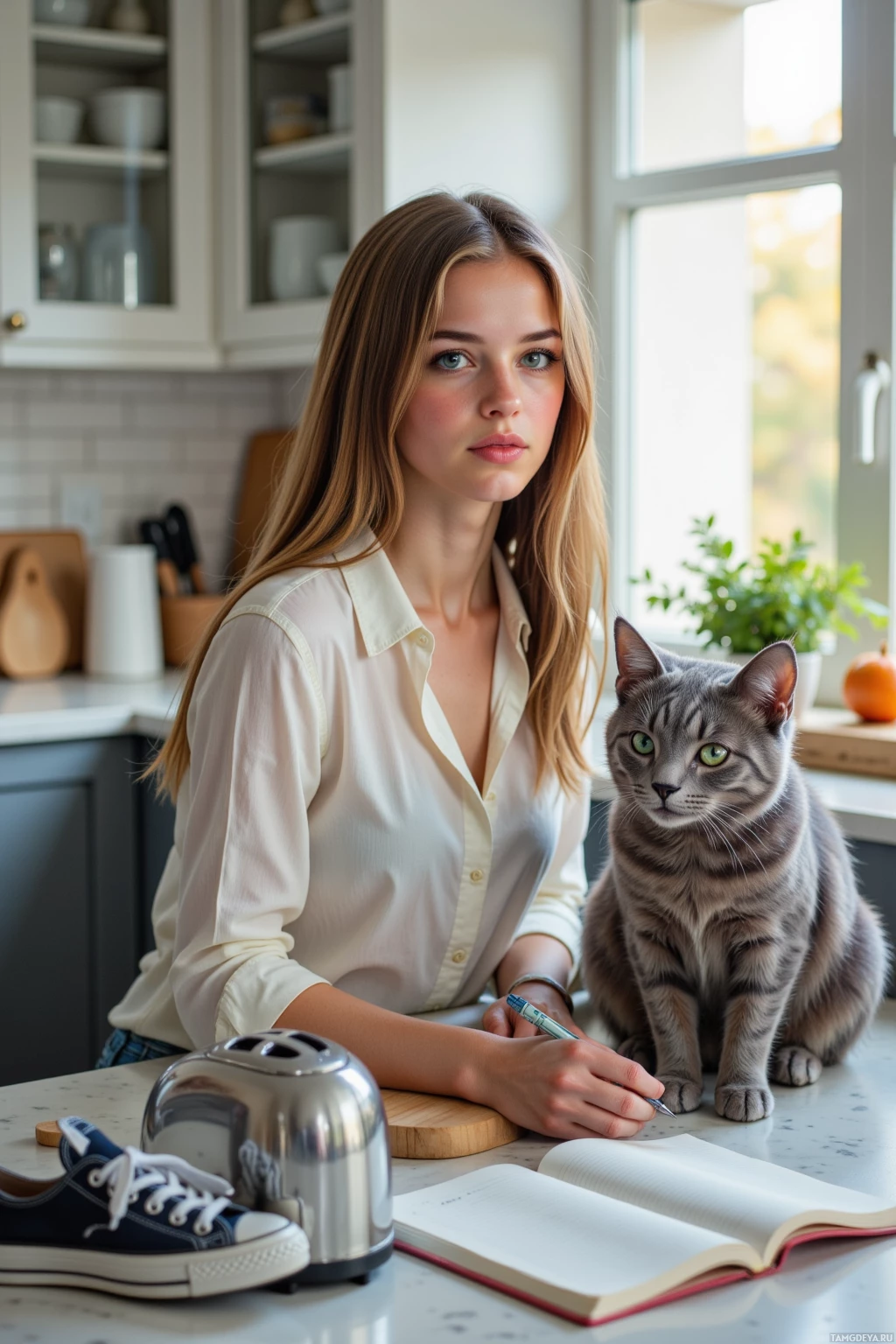 A woman sits at a kitchen counter with a cat, writing in a notebook.