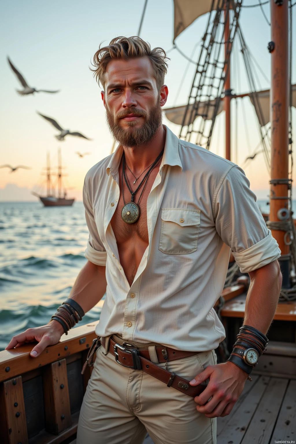 A man with a beard and a white shirt stands on a ship deck, with a sailboat and seagulls in the background.
