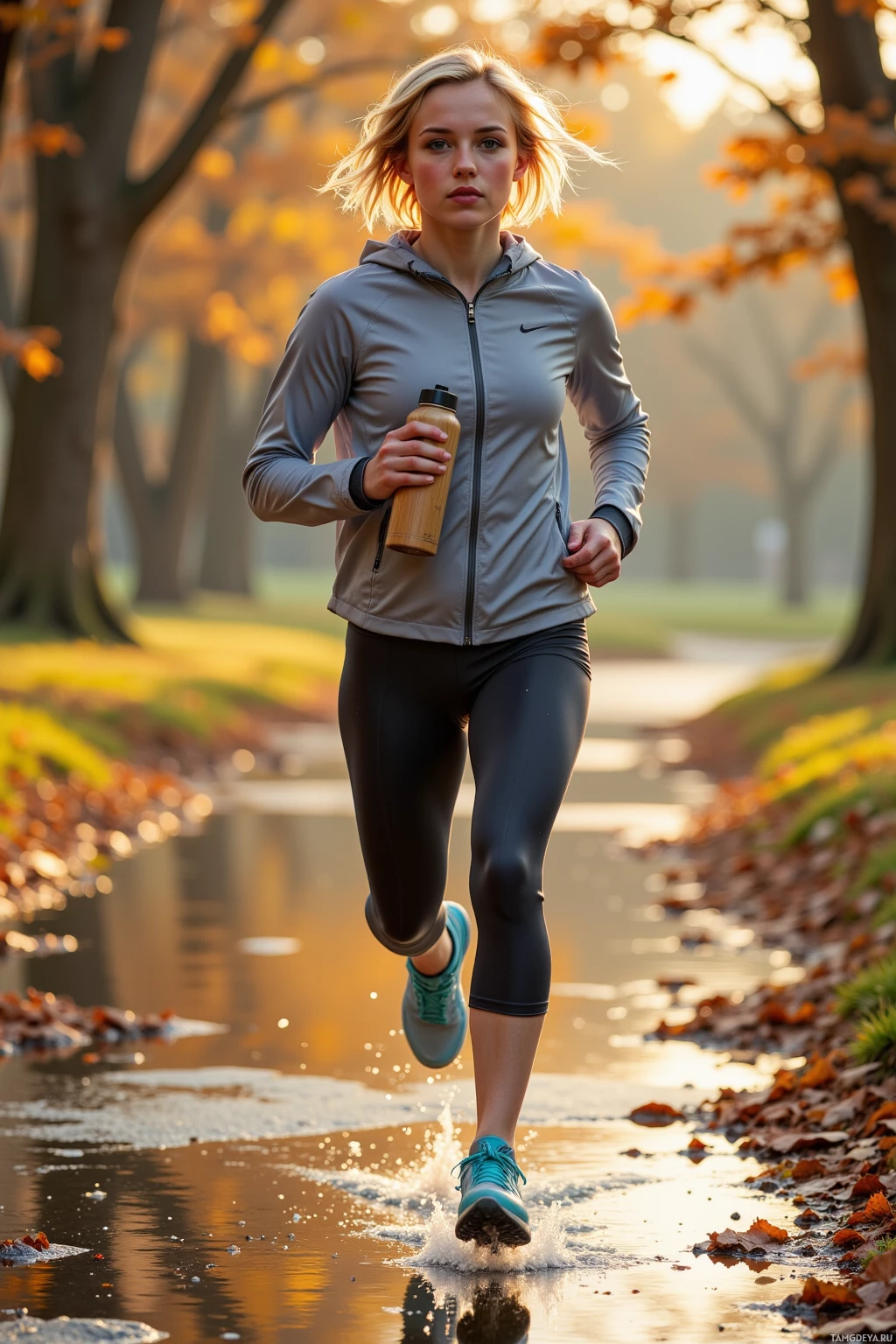 A woman in athletic attire runs through a park with autumn leaves and a reflective stream.