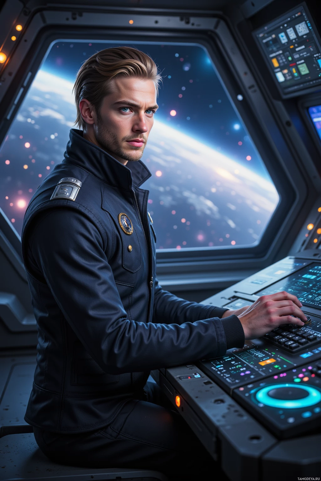 A person in a space suit operates a control panel in a futuristic spacecraft.
