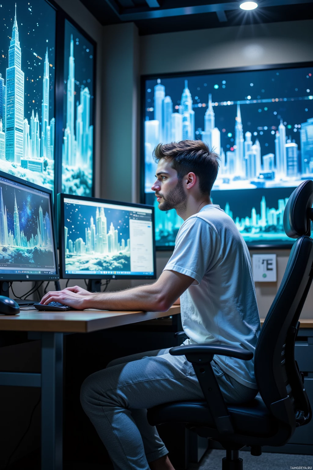 A person is seated at a desk with multiple monitors displaying a cityscape, working in a modern office environment.