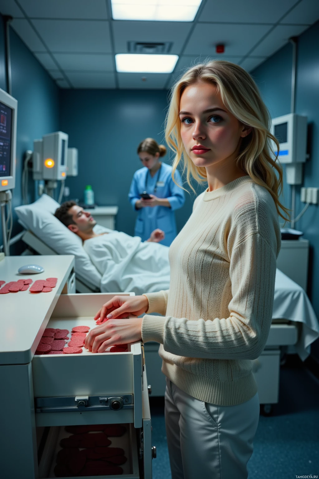 A woman stands in a hospital room, looking at a drawer filled with red circular objects.