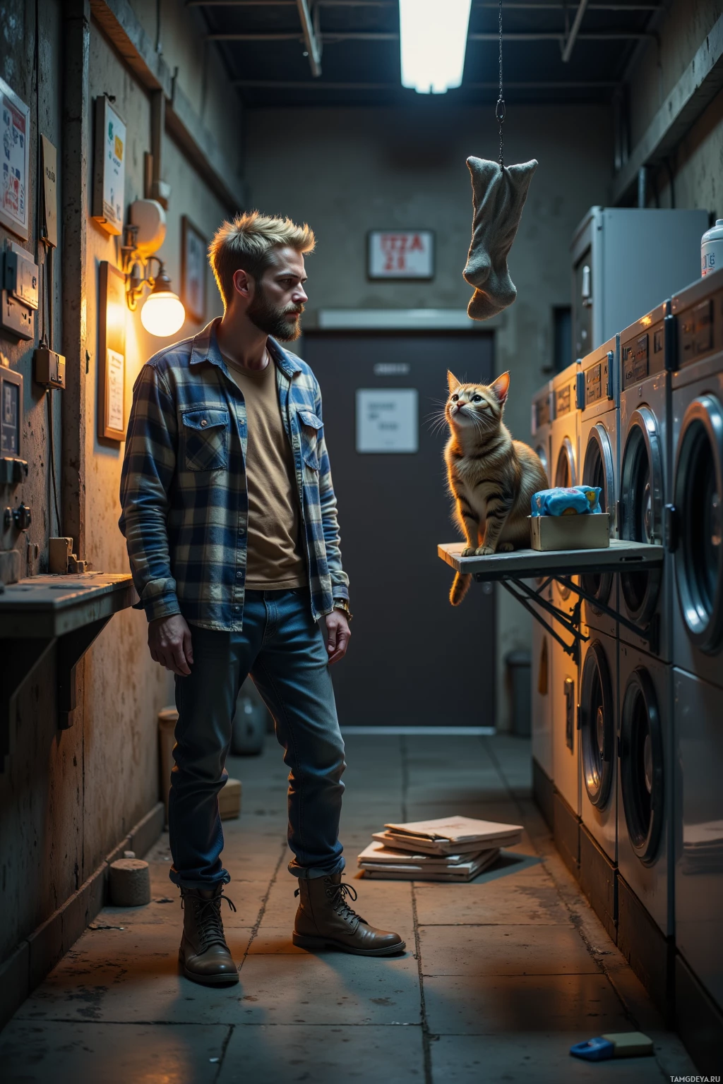 A man stands in a dimly lit laundry room, looking up at a cat perched on a shelf.