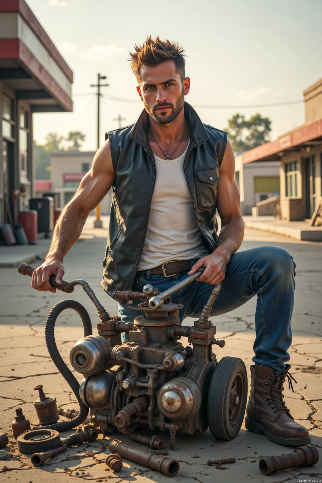 A man in a leather vest and jeans sits on a cracked pavement, holding a large, rusted mechanical device.
