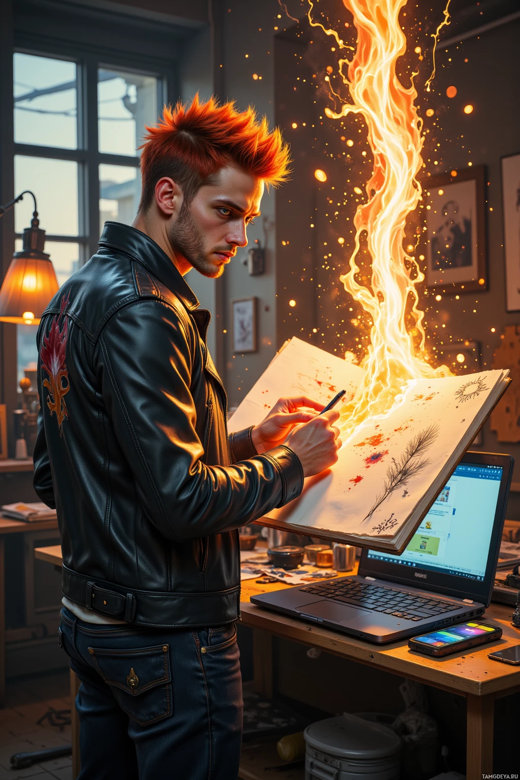 A man in a leather jacket draws with a pen, surrounded by a glowing, fiery effect.