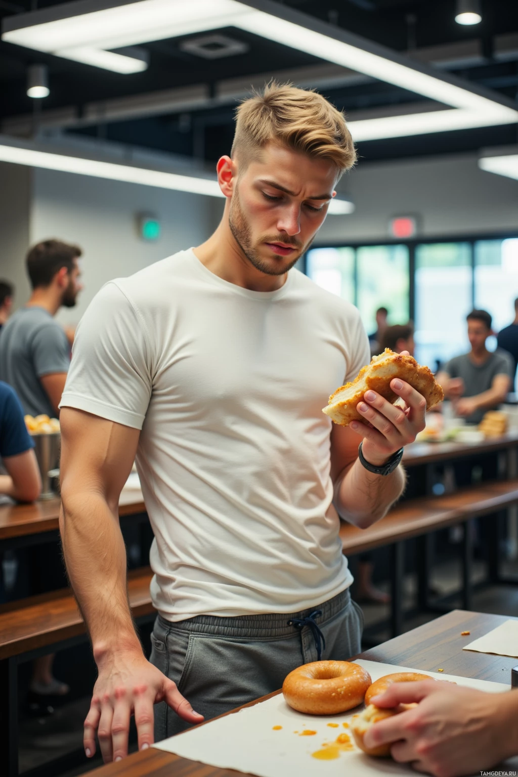 A man in a white t-shirt holds a piece of food while standing in a modern dining area.