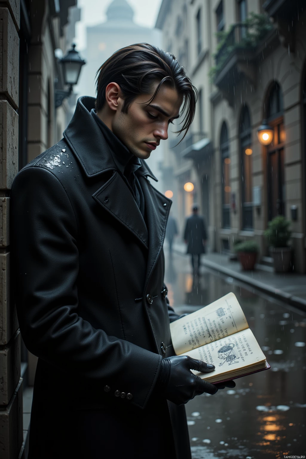 A man in a black coat reads a book on a rainy street.