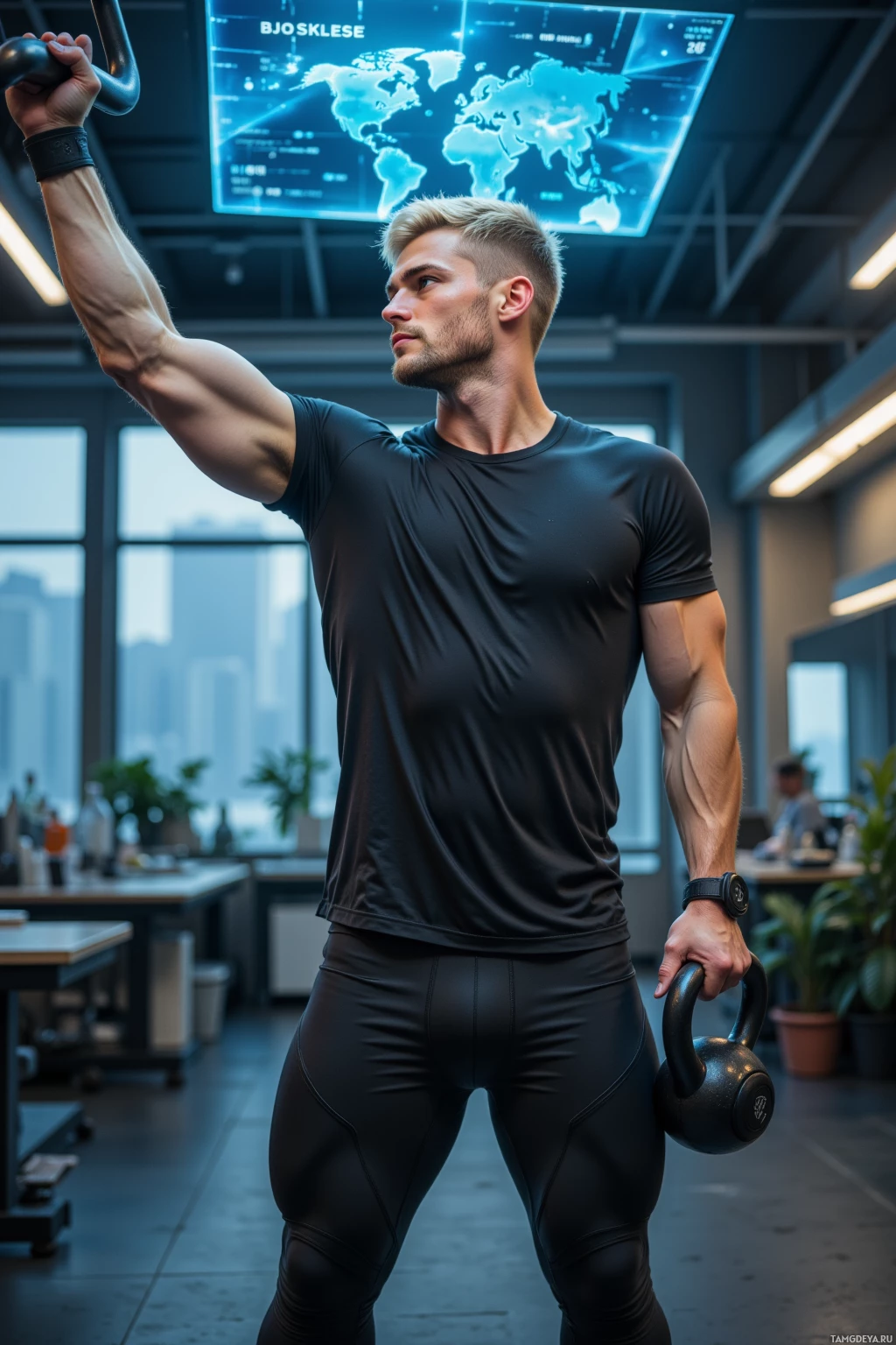 A muscular man in a gym holds a kettlebell, wearing a black athletic outfit.