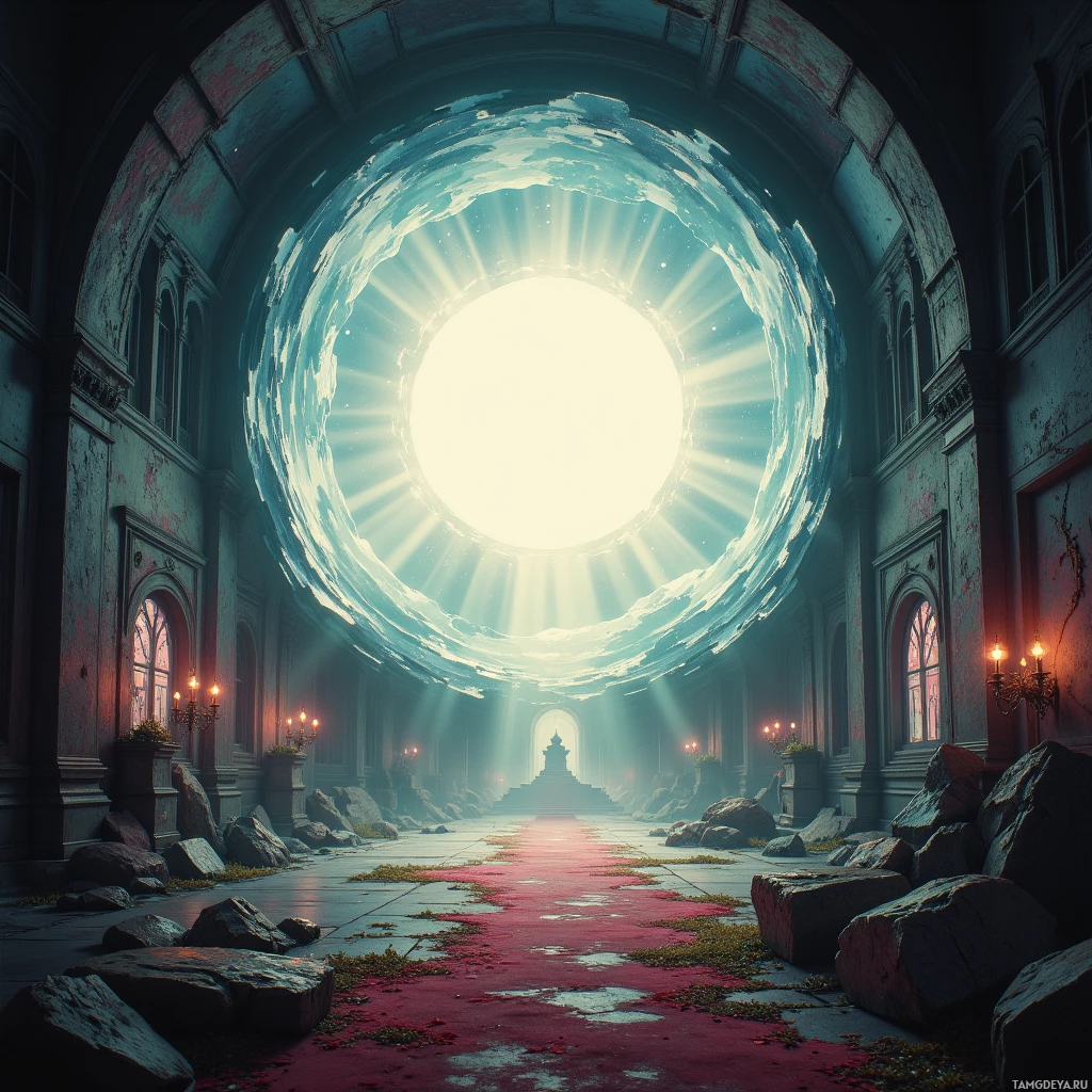 A grand, dilapidated interior with a large, glowing circular opening at the end.