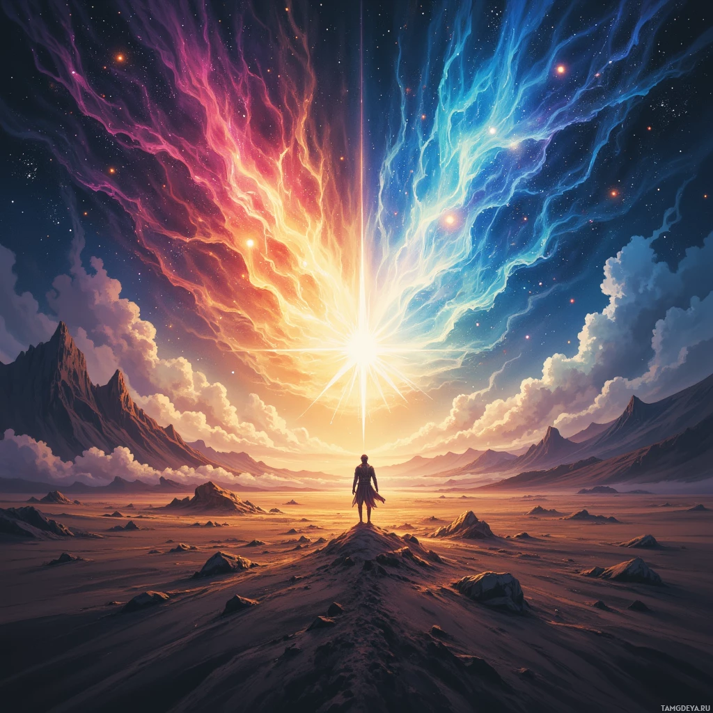 A lone figure stands atop a mountain, gazing at a vibrant sky split by a bright, radiant light.