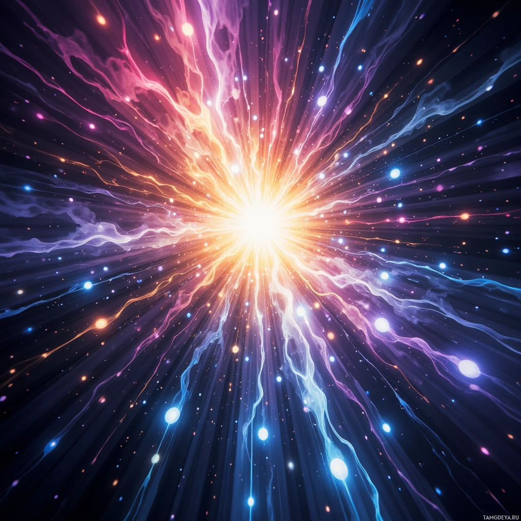A vibrant cosmic explosion with radiant beams and glowing particles.