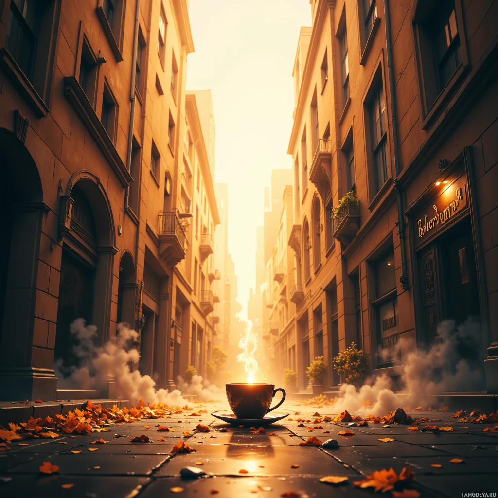 A steaming cup of coffee sits on a cobblestone street amidst autumn leaves, with tall buildings and a bright sky in the background.