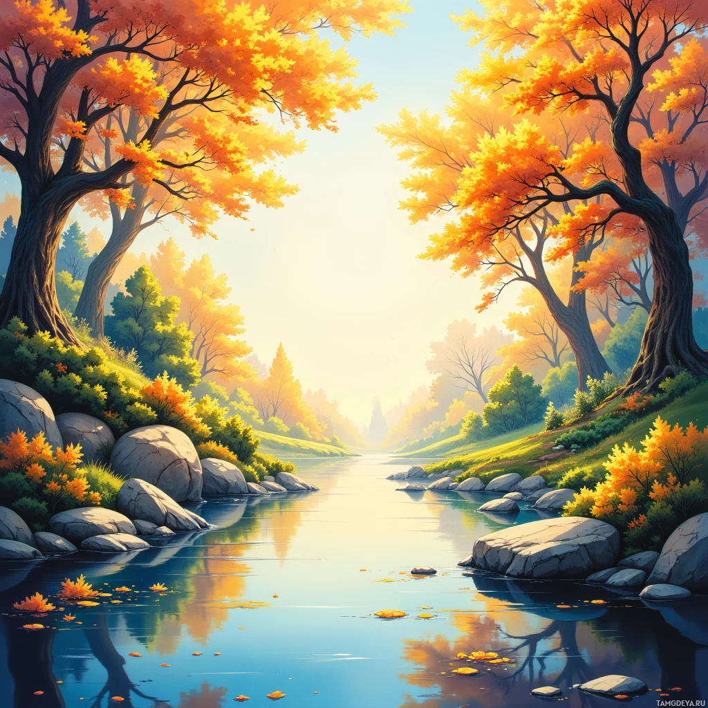 A serene autumn landscape with a river, colorful trees, and soft sunlight.