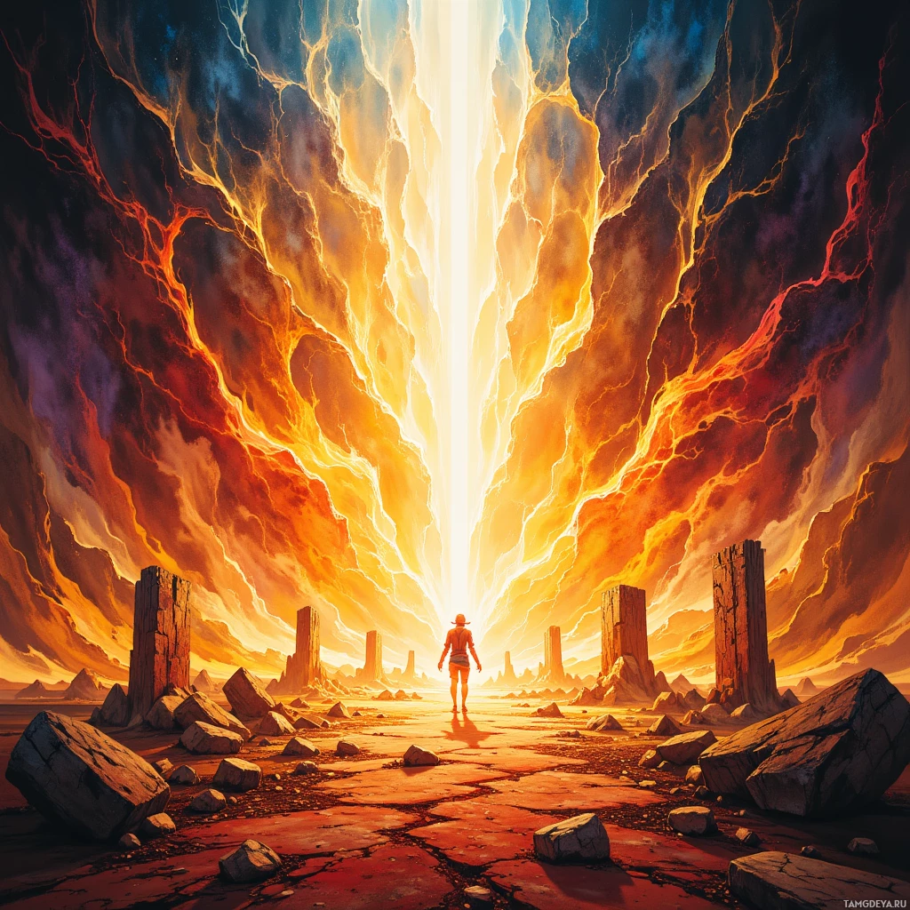 A lone figure stands before a fiery, glowing chasm in a desolate, rocky landscape.
