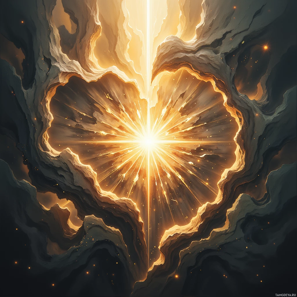 A radiant, glowing heart shape with a bright, golden light emanating from its center, set against a dark, textured background.