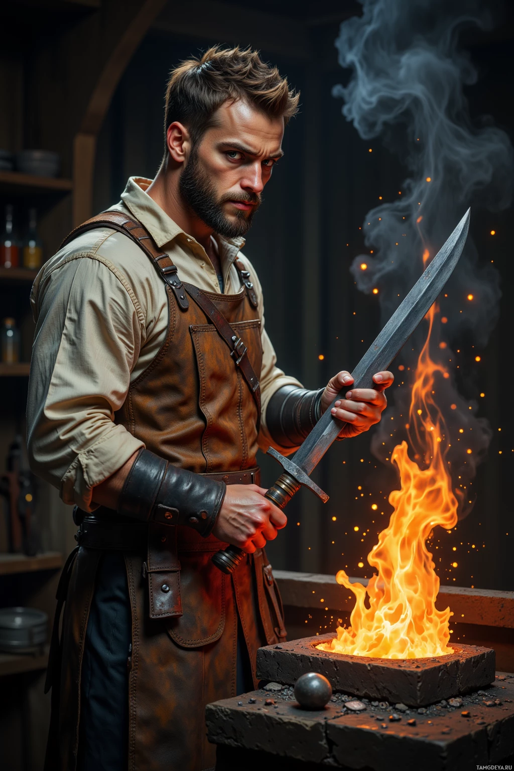 A man in a medieval-style outfit holds a sword near a forge with flames and sparks.