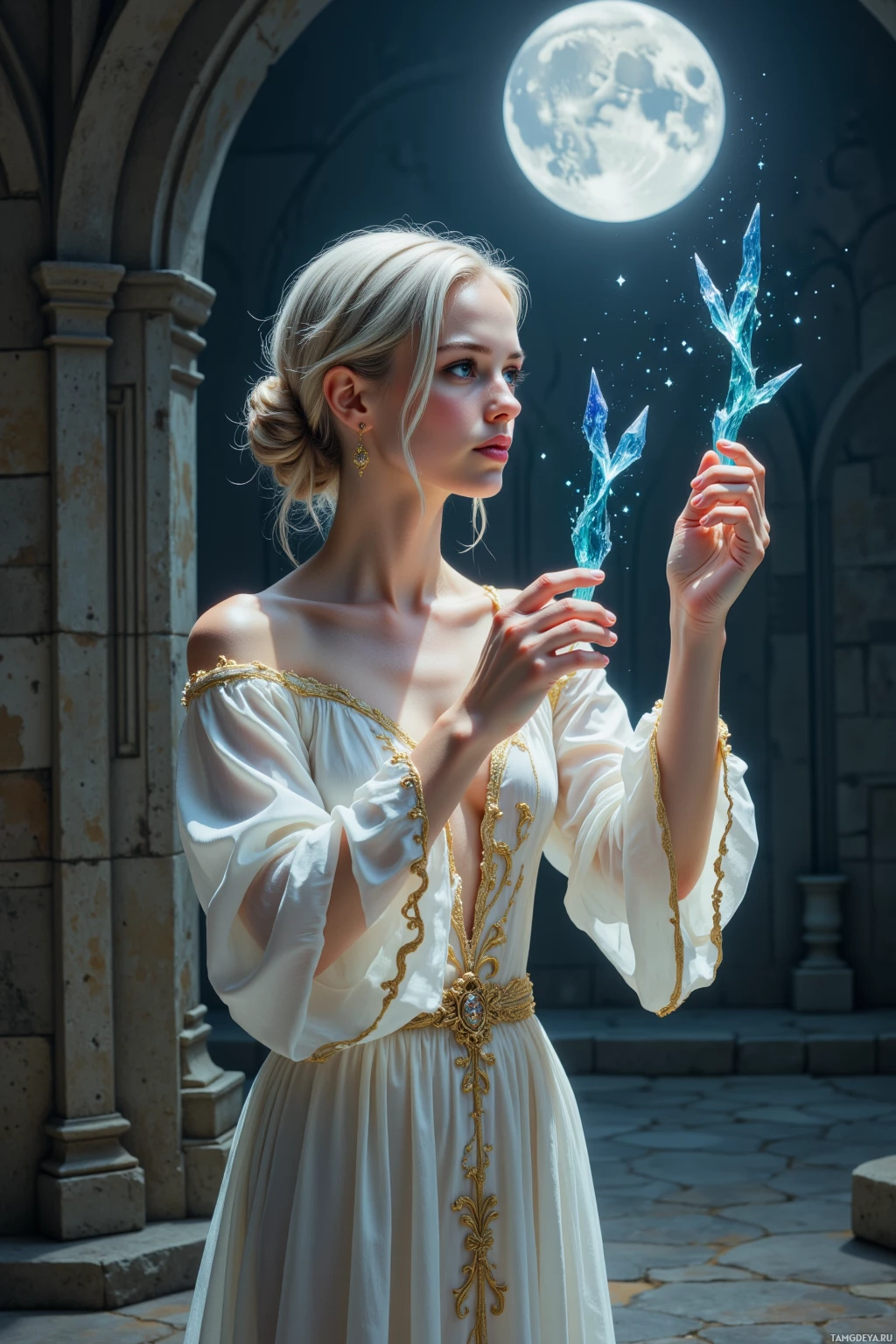 A woman in a white gown with gold accents holds a glowing blue crystal in a moonlit courtyard.