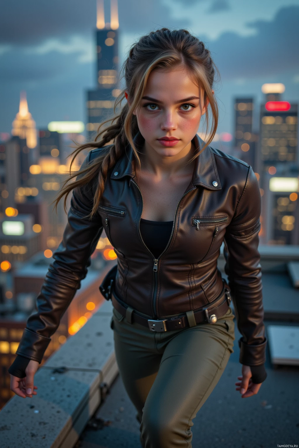 A woman in a leather jacket stands on a rooftop overlooking a cityscape at dusk.