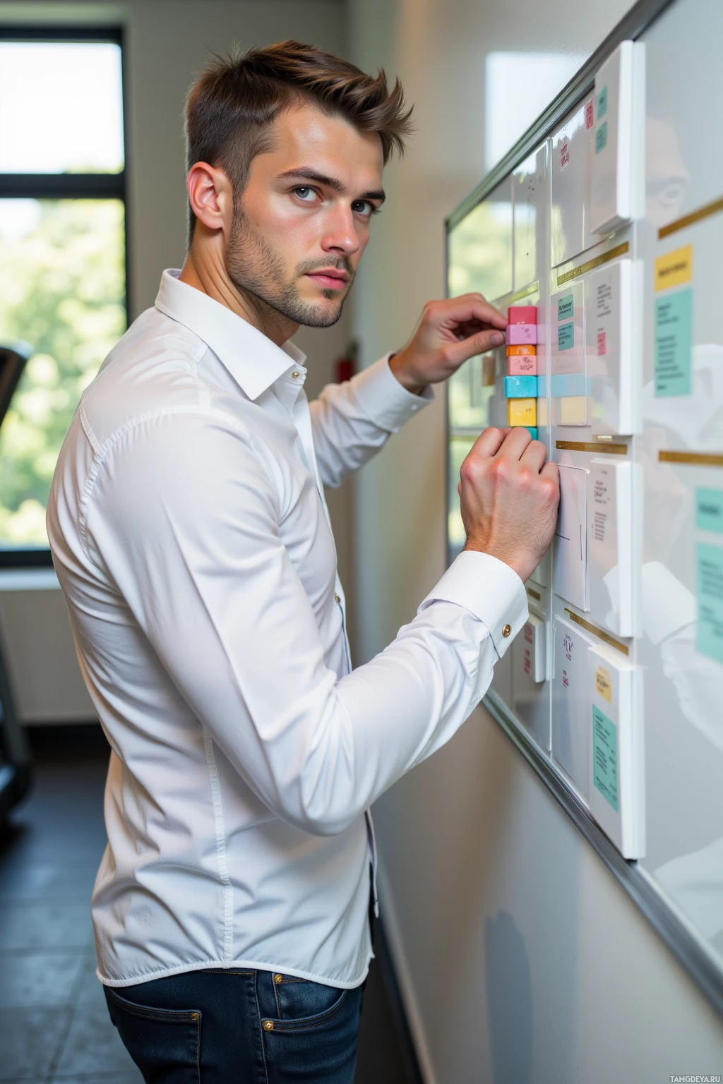 A man in a white shirt is organizing sticky notes on a whiteboard.