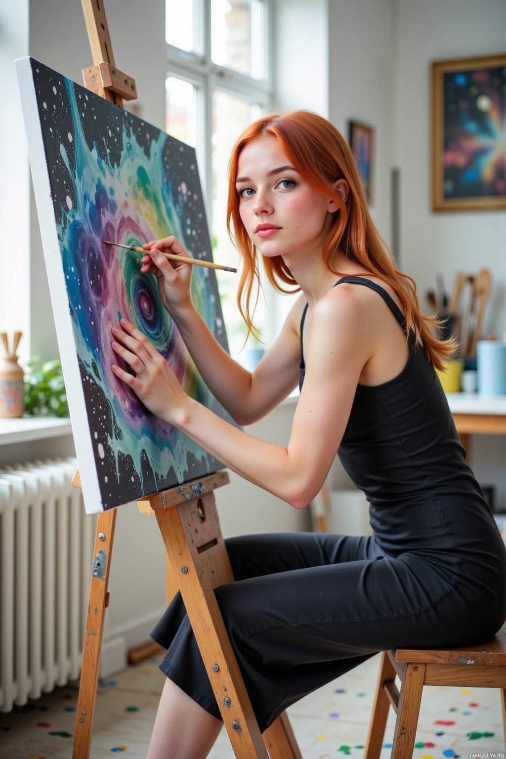 A person with red hair is painting a colorful abstract artwork on an easel in a well-lit studio.