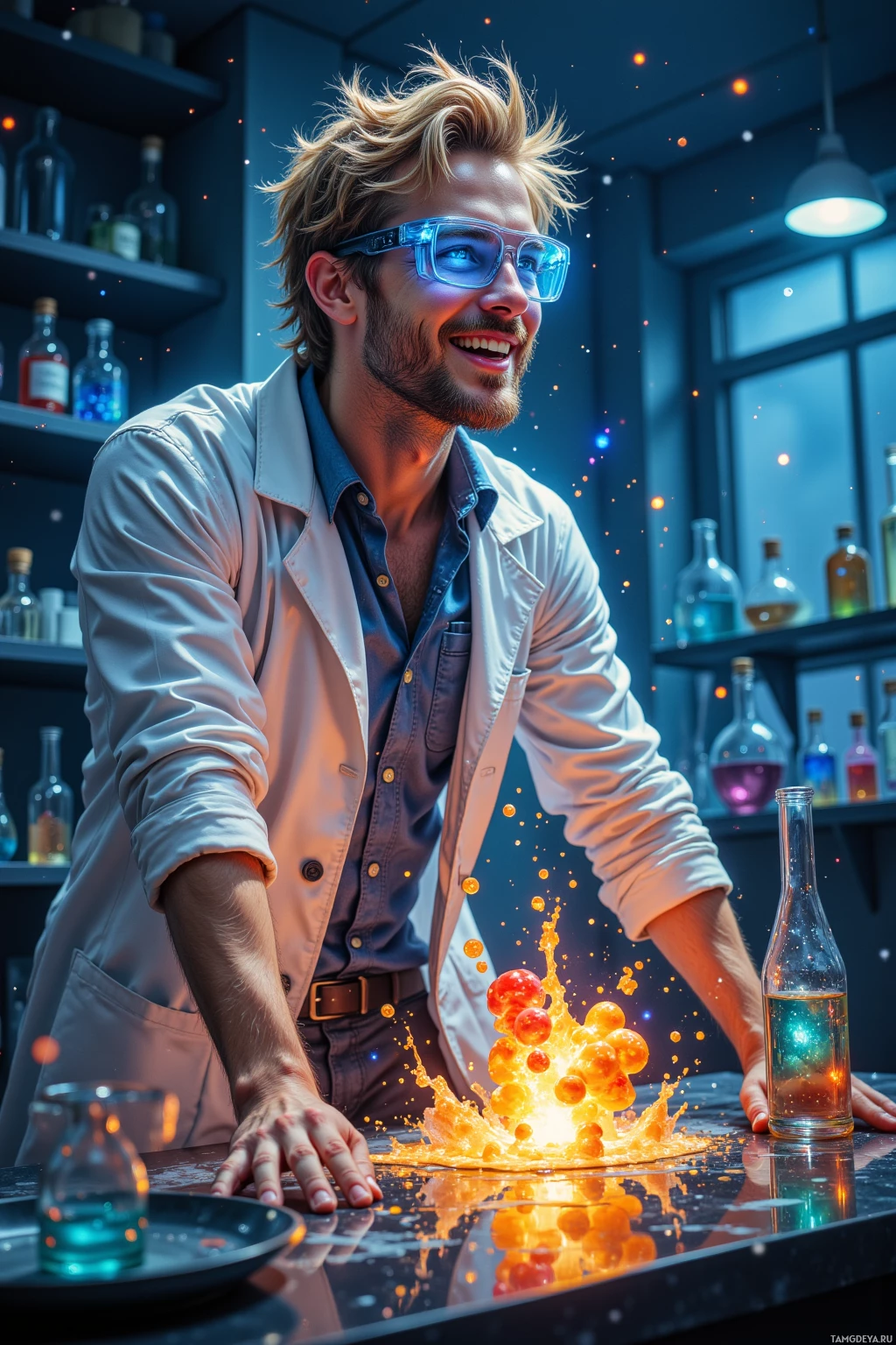 A man in a lab coat leans over a table with a glowing, splashing liquid effect.