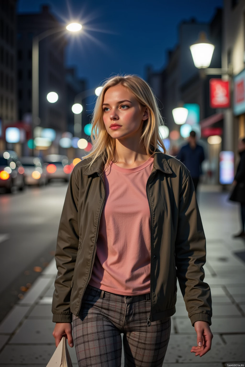 A person walks down a city street at night, illuminated by streetlights.